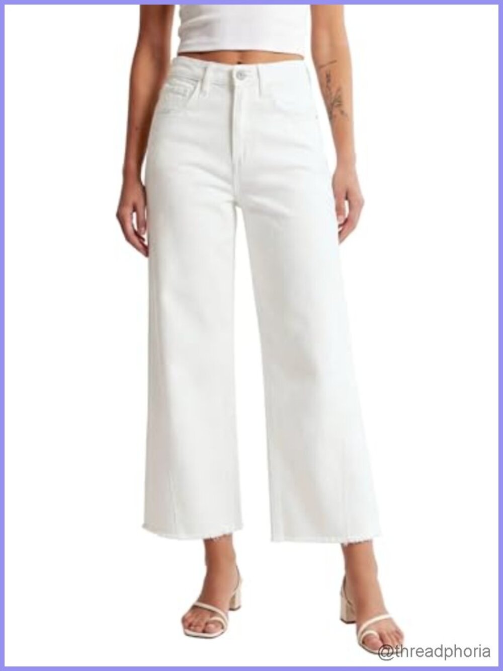 High Waist Wide Leg Cropped Raw Hem Jeans Stretch Cotton